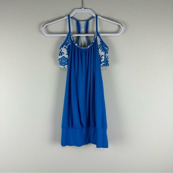 Lululemon Beaming Blue Laceoflage Floral Off White No Limits Athletic Tank Top 6 - Picture 1 of 5